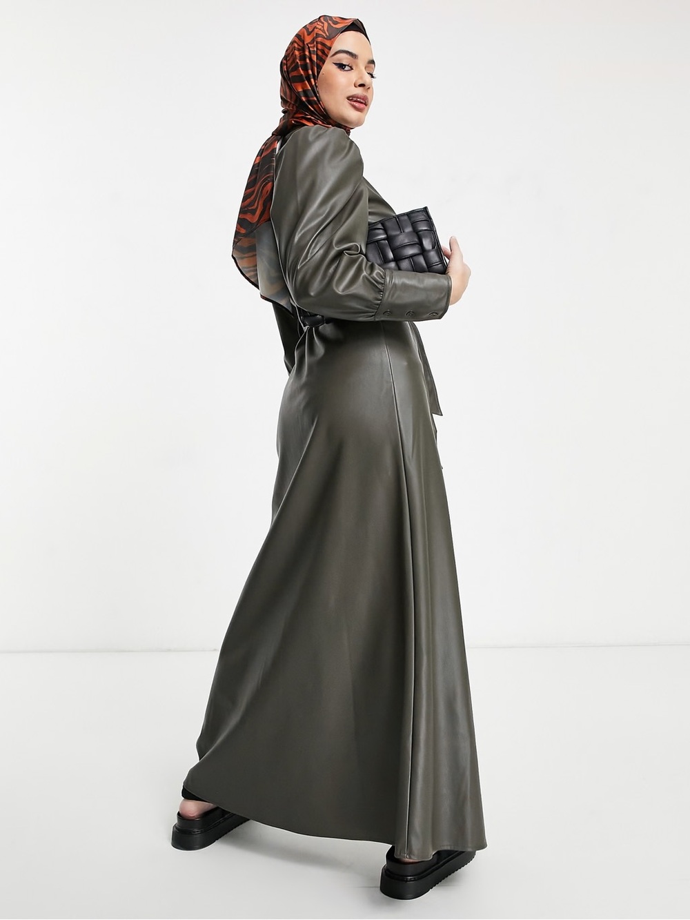ASOS Olive Green Faux Leather Long Sleeve Maxi Coat Size US 4 - Worn Once